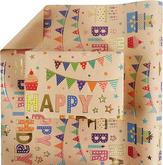 Aimyoo Colorful Birthday Wrapping Paper Roll - 17 Inch X 32.8 Feet - Gold Foil Happy Birthday Lettering, Cupcake & Flags Design Gift Wrap for Kids, Baby Showers