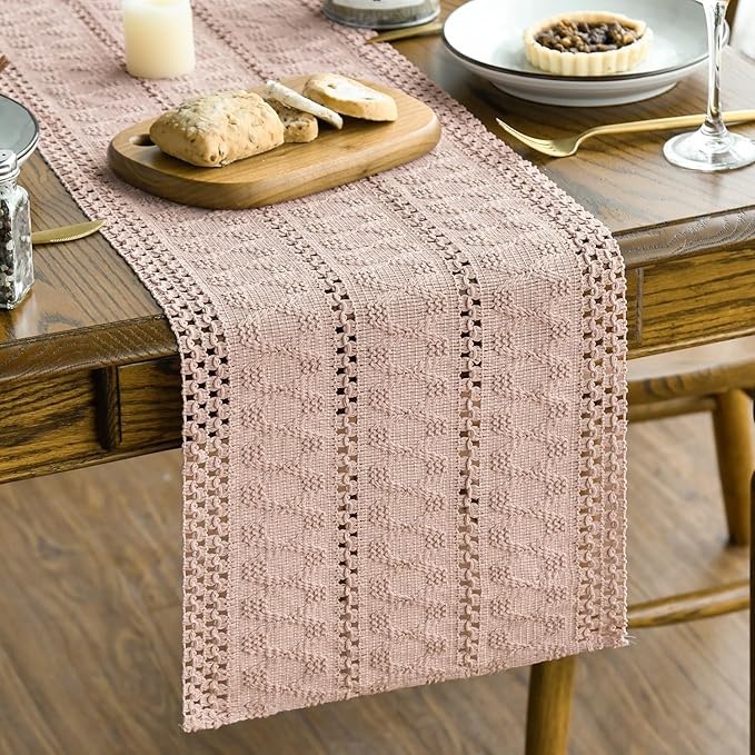 Artoid Mode Pink Farmhouse Woven Rustic Hollow Table Runner, Seasonal Holiday Hollow Kitchen Dining Table Decoration for Home Party Decor 12x72 Inch