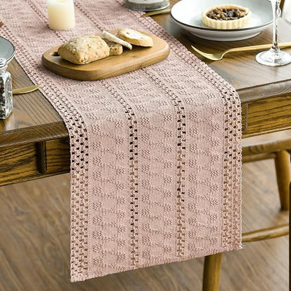 Artoid Mode Pink Farmhouse Woven Rustic Hollow Table Runner, Seasonal Holiday Kitchen Dining Table Decoration for Home Party Decor 12x36 Inch