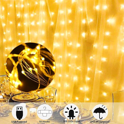 HOME LIGHTING Window Curtain String Lights, 300 LED 8 Lighting Modes Fairy Copper Light with Remote, USB Powered for Christmas Party Wedding Home Decorations (Warm White)