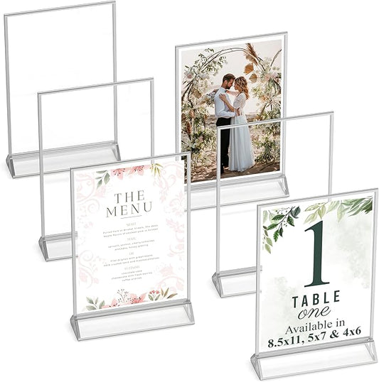 Silver Picture Frames Double-Sided, 6-Pack 4x6 Acrylic Table Number Holders, Clear Easel Stands for Signs, Silver Frames for Wedding Table Numbers, Menu Holders, Photo Displays for Events and Décor