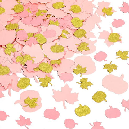MARFOREVER 350 Pcs Fall Thanksgiving Pink and Gold Pumpkin Maple Leaf Confetti, Little Pumpkin Baby Shower Glitter Confetti Thanksgiving Table Decorations for Autumn Birthday Party Supplies