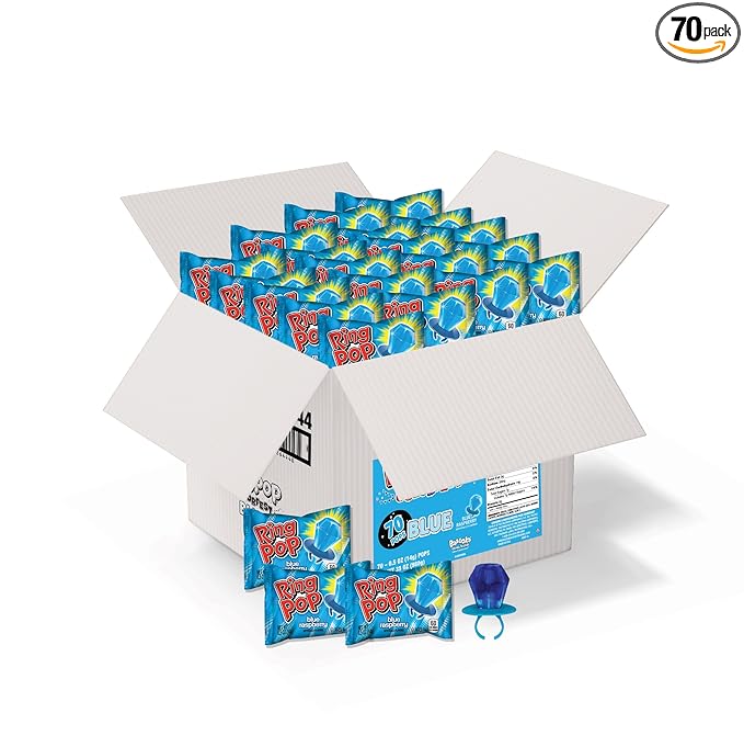 Ring Pop Individually Wrapped Candy 70 Count Bulk Lollipop Pack – Halloween Candy Bulk Individually Wrapped, Blue Raspberry Flavored Lollipop Suckers, Gender Reveal, Baby Showers & Party Favors