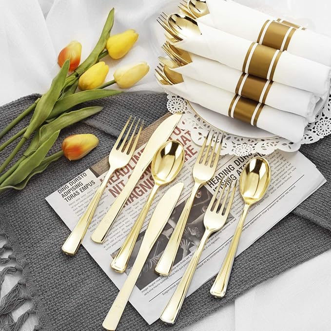Supernal 60 Pack Pre Rolled Napkins with Gold Plastic Silverware, Premium Disposable Gold Wrapped Cutlery Set Includes: 60 Forks 60 Knives 60 Spoons 60 Napkin for Party