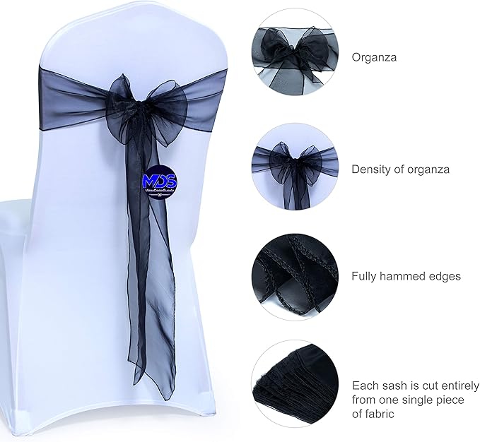 MDS Pack of 75 PCS Organza Chair Sashes Wider Dining Chair Bows Ribbon Tie Back for Wedding Party Birthday Bridal Shower Reception Event Banquet Home Chair Cover Decoration - Black