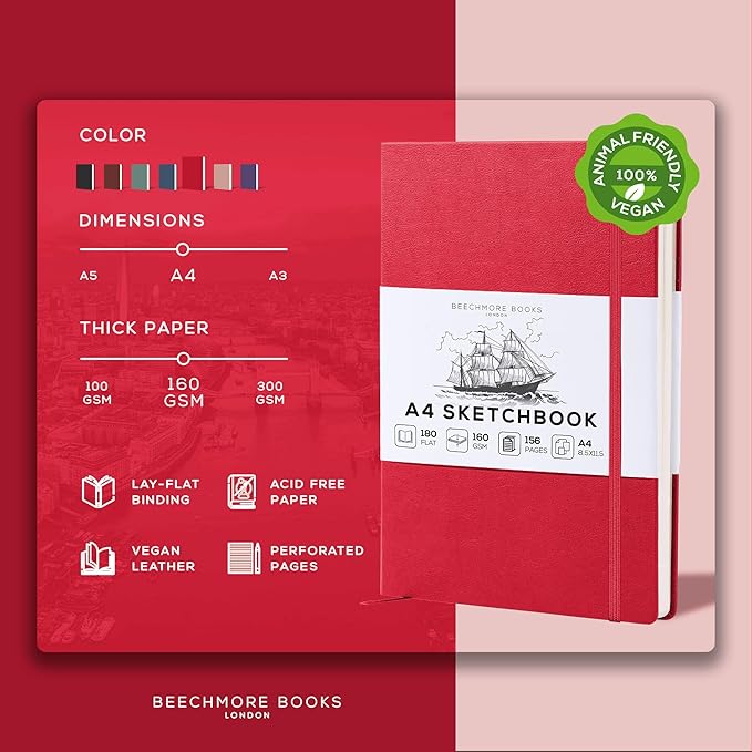 Beechmore Books A4 Sketchbook – 8.5x11 Premium Vegan Leather Bound Large Sketch Book Hardcover with 156 Thick 160gsm Perforated Ivory Pages, Blank Sketch Pad, Gift Boxed, Back Pocket, Ribbon Bookmark