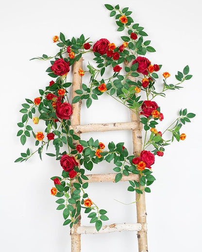 6FT Bendable Flower Garland, Artificial Rose Vine Hanging Floral Garland Decoration for Weding Home Room Wall Decor (Red, 1pcs)