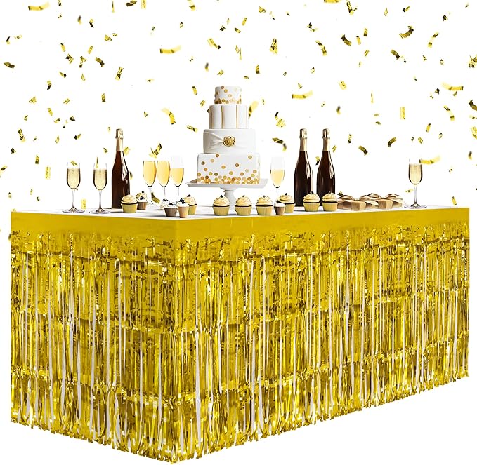 2 Pack Gold Table Skirts, 29x108" Metallic Foil Tinsel Fringe Table Skirts for Rectangle Tables Streamer Curtains Backdrop, Party Decorations for Birthdays Weddings Holidays