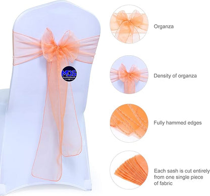 MDS Pack of 200 PCS Organza Chair Sashes Wider Dining Chair Bows Ribbon Tie Back for Wedding Party Birthday Bridal Shower Reception Event Banquet Home Chair Cover Decoration - Peach