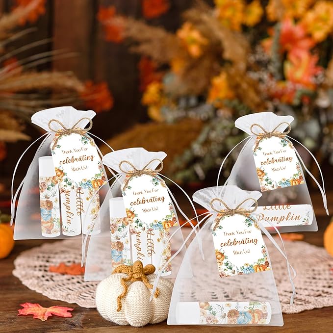 50 PCS Baby Shower Lip Balms for Guests, Boys Girls Neutral Gender Reveal Baby Shower Party Favors with Thank You Card Tags Thanksgiving Decorations Pumpkin Flower