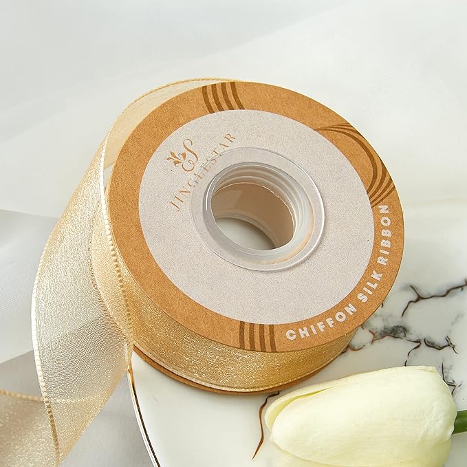 1 Inch Wide Sheer Chiffon Ribbon - Pearl Silk Woven Ribbon Suitable for Gift Wrapping, Wedding Decor, Home Decor, Girl Hair Accessories Handmade DIY (25 Yards/roll) (Champagne)