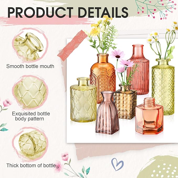 Yaomiao 30 Pcs Vases Bulk Colored Flower Glass Vases Bud Vintage Colored Glass Bottles Colorful Rustic Embossed for Home Wedding Table Decorations Gifts(Orange Yellow Series)