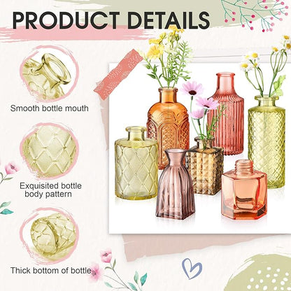 Yaomiao 30 Pcs Vases Bulk Colored Flower Glass Vases Bud Vintage Colored Glass Bottles Colorful Rustic Embossed for Home Wedding Table Decorations Gifts(Orange Yellow Series)