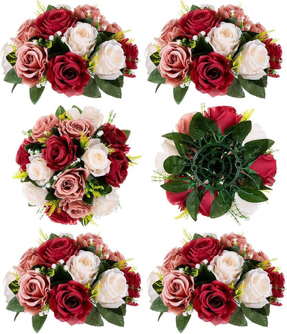 BLOSMON Wedding Flowers Decorations for Table: 6 Pcs Burgundy & Dusty Rose & Creamy White Fake Rose Flowers Balls Centerpieces- Artificial Silk Kissing Floral Arrangements Home Party DIY Decoration