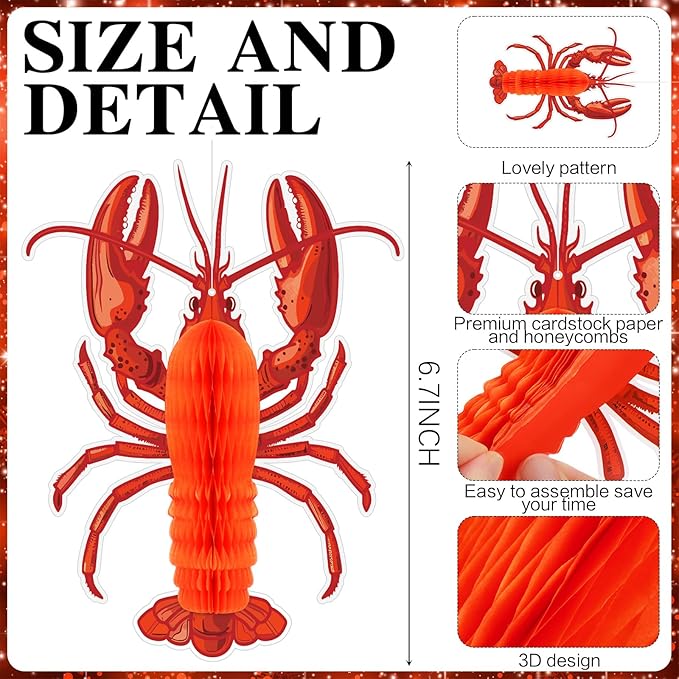 Jetec 6 Pcs Tissue Crab Lobster Honeycomb Centerpiece Hanging Crab Lobster Party Decorations Table Decor for Summer Sea Animal Beach Birthday Party Supplies(Lobster)