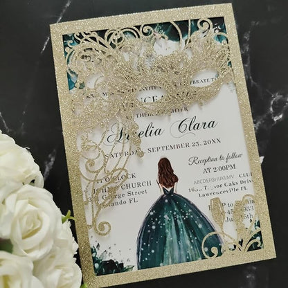 20PCS Masquerade Invitations, masquerade wedding invites, laser cut invitation pockets for quinceanera,xv,16 birthday,bridal shower,wedding,Anniversary,holiday party,etc. (glitter light gold)