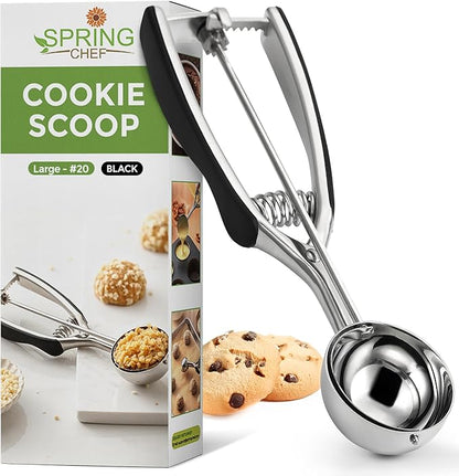 Spring Chef Large #20 Stainless Steel Cookie Scoop for Baking, Multifunctional Cookie Dough Scoop with Trigger Release - Dishwasher Safe Melon Baller - 2.93 Tablespoon Food Scooper for Kitchen - Black