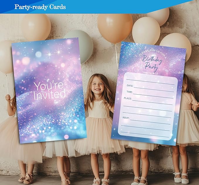 Simple You're Invited Girls Birthday Invitations for Girls, Teal Purple Birthday Party Invitaions for Party Invites, 4x6 Inches, 30 Sets with Envelopes