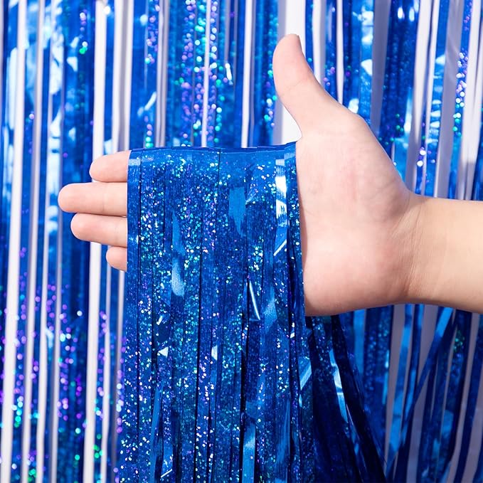 2 Pack Blue Tinsel Foil Fringe Curtains, Blue Party Decorations, Metallic Tinsel Party Streamers Backdrop for Birthday Baby Shower Graduation Wedding Anniversary Party Decorations
