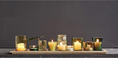 Creative Co-Op Wood Tray with 9 Green Glass Votive Holders