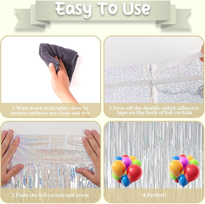2 Pack Laser Silver Foil Fringe Backdrop Curtains, Tinsel Streamers Birthday Party Decorations, Fringe Backdrop for Graduation, Baby Shower, Gender Reveal, Disco Party