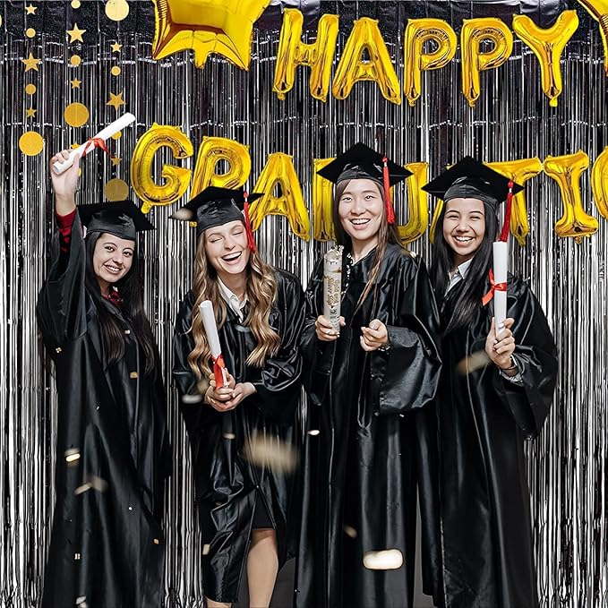 BRAVESHINE Black Halloweens Party Foil Fringe Curtains - 2 Pack Metallic Tinsel Photo Booth Streamers Backdrop for Birthdays, Stranger Theme, Music, Prom, Christmas Party Decorations