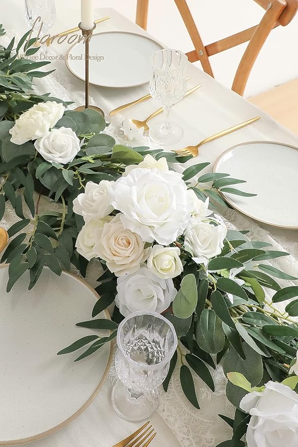 Floroom 6ft Artificial Eucalyptus Garland with Flowers Fake Greenery Faux Floral Vine Garland for Table Decor Wedding Centerpieces Bridal Shower Party Decorations, Ivory White