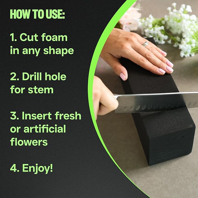 XCEL Floral Foam Blocks - Reusable, Weather Resistant Foam - Perfect for Fresh & Artificial Flower Arrangements, Crafts, Planter Boxes, Home Decor & More - 4-Pk, Black (9” x 3” x 3”)
