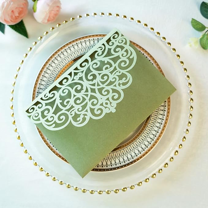 ponatia 5.12 x 7.2 Sage Green Laser Cut Wedding Invitations, 20PCS Tri-Fold 5x7 Trifold Laser Cut Invitation Pockets with Envelopes for Wedding Bridal Shower Engagement (No Inner Sheet)