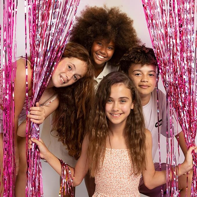 2 Pack Foil Curtain Backdrop Pink Metallic Tinsel Foil Fringe Curtains Photo Booth Props for Birthday Wedding Engagement Baby Shower Bachelorette Christmas Holiday Celebration Party Decorations