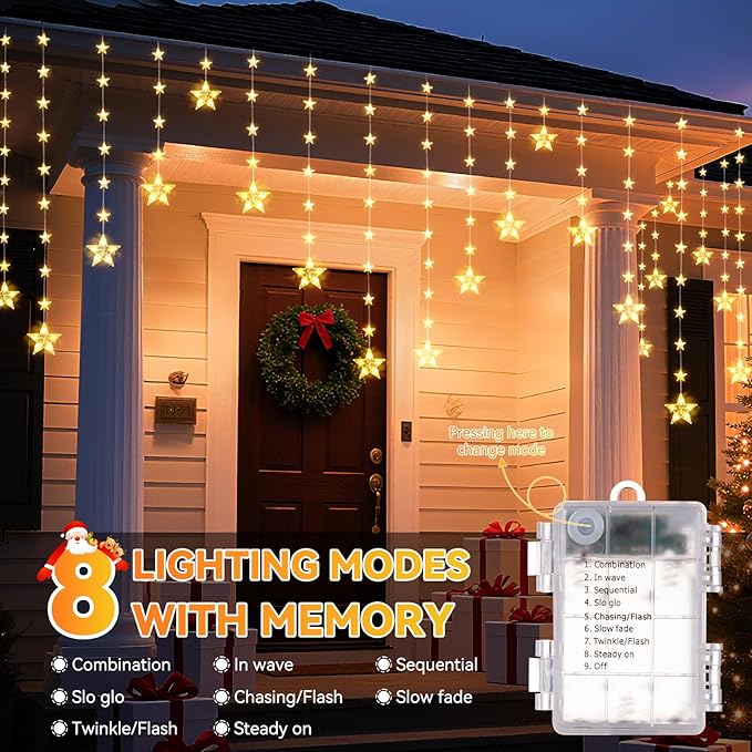 46 Stars Christmas Window Lights, IP65 Waterproof 74 LEDs Twinkle Star Curtain Lights with 8 Modes Timer, Warm White Battery Operated Hanging Christmas Star Decoration for Indoor Outdoor Xmas Bedroom