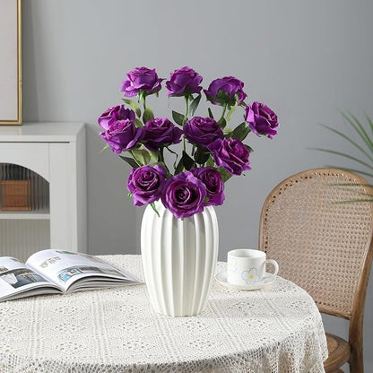 Tifuly Purple Roses Artificial Flowers - 12 pcs Realistic Single Long Stem Fake Silk Roses Bouquet for Party Home Wedding Centerpiece Office DIY Decor