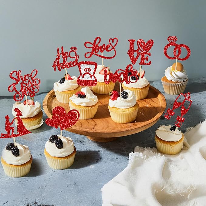 Ephlyn 30Pcs He Asked She Said Yes Cupcake Toppers Glitter Engagement Cupcake Toppers Diamond Ring Heart Love I Do Cupcake Picks for Engagement Wedding Party Cake Decorations Red