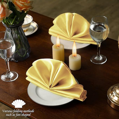 Manyshofu 50 Pieces Yellow Gold Satin Napkins - 12x12 Inches Cloth Napkins, Square Satin Fabric Napkin Set - Soft & Smooth Table Napkins for Wedding Dinner Party Lunch Banquet Restaurant Decoration