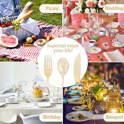 Supernal 300pcs Gold Glitter Plastic Cutlery Disposable Utensils Gold Plastic Silverware Sets Include 100 Forks, 100 Spoons & 100 Knives Serves for 100 Guests Suitable for Party,Thanksgiving