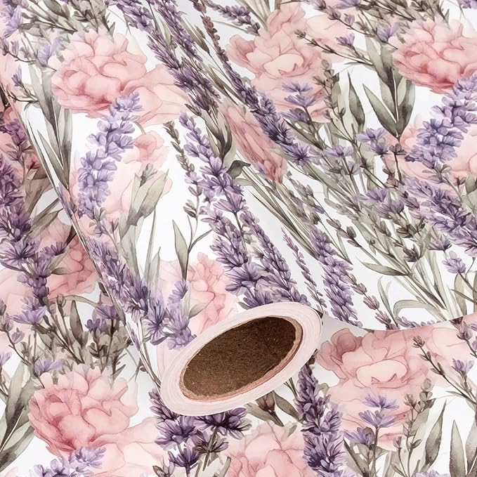 WRAPAHOLIC Kraft Floral Wrapping Paper - Mini Roll - 17 Inch x 16.5 Feet - Purple Lavender Flower Wrapping Paper for Wedding, Birthday, Bridal Shower, Tea Party, Drawer Liners, Home Closet Shelves