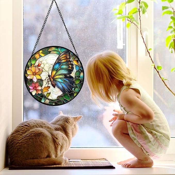 Stained Glass Window Hanging, Butterfly Flower Sun Catchers Diamond Glass Panel Hangings Insect Suncatcher Decor for Birthday for Women, Men, Wife, Aunt, and Mom 11.8x11.8 in