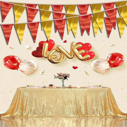 40M/130FT Red Gold Triangle Pennant Banner Flag Metallic Fabric Bunting Garland for Christmas Graduation Anniversary Birthday Engagement Wedding Anniversary Casino Party Decorations Supplies