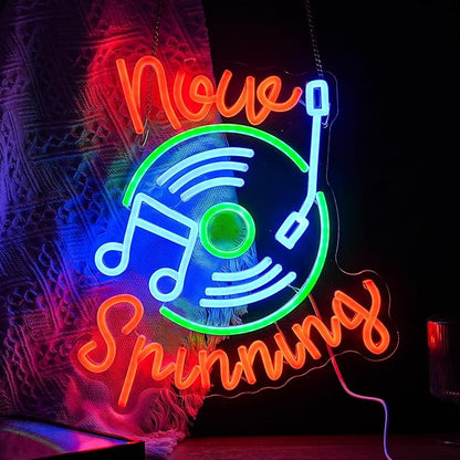 Record Neon Sign Led Music Sign Neon Light for Wall Decor Dimmable Now Spinning Sign Record Neon Signs for Record Store Live Music Bar Party (12.6”*13.7”)