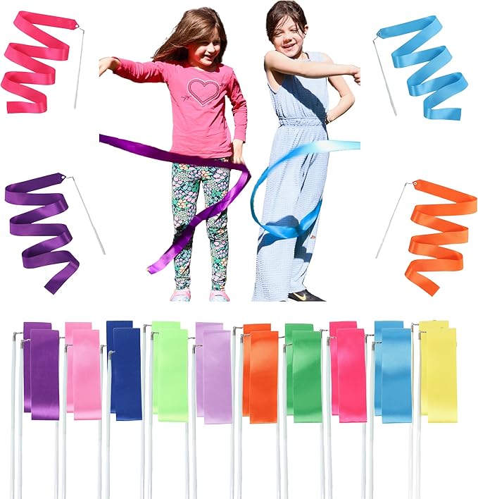Ribbon Dancing Wands 20pcs Pack, Party Favor for Girls Birthday Party Supplies, Gymnastic Party Favors for Kids Outdoor Games (Mixed Color with White Handle, 20pcs set)