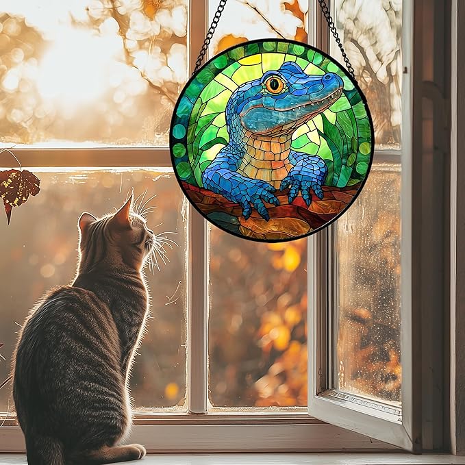 Stained Glass Window Hanging, Blue Alligator Sun Catcher for Window Door Home Decor Green Brown Suncatcher Christmas Mother's Day Birthday Gifts for Women Men Mom and Nana 6.3 in