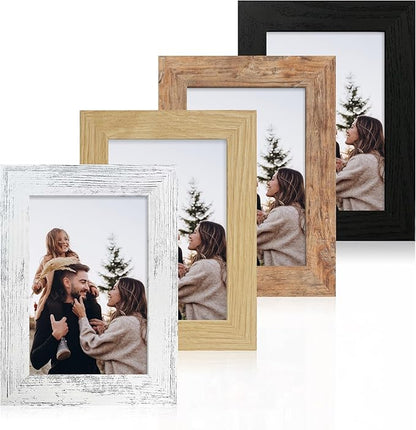 4x6 Picture Frame Set of 4, High Definition Real Glass 4 x 6 Photo Frames for Tabletop Display and Wall Mounting (Distressed White+Oak+Rustic Brown+Black)