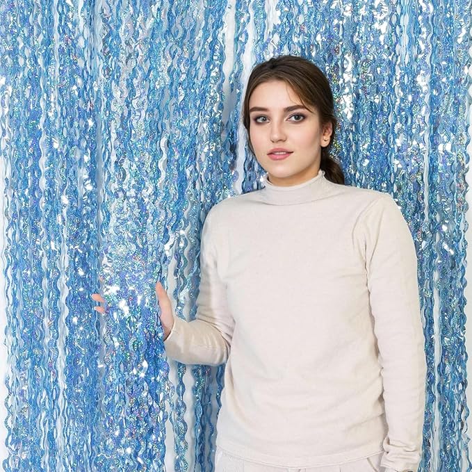 4 Pack Wavy Blue Tinsel Backdrop Streamers Party Decorations 3.3x6.6 Feet | Foil Fringe Curtain Ocean Themed | Blue Birthday Decorations