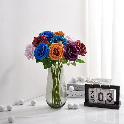 Artificial Rose 10pcs Open Flower Bouquet Faux Rose Stems for Wedding Arrangement, Bridal Bouquet, Centerpiece, Fake Faux Silk Flowers (Royal Blue)