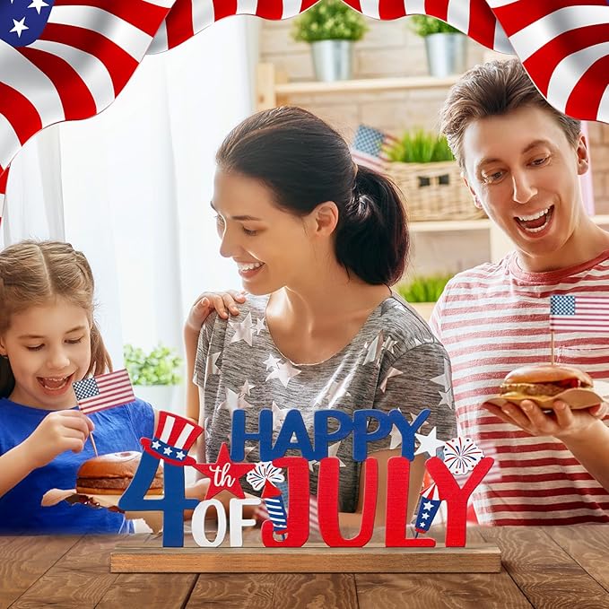 Happy 4th of July/Patriotic Metal Sign Rustic Table Decor Holiday Tiered Tray Decor with Wooden Base Freestanding Metal Word Sign for Home Tabletop Centerpiece Mantel Shelf Fireplace