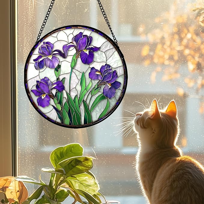 Stained Glass Window Hanging - Purple Iris Flower Sun Catcher for Door Terrace Garden Home Decor, Green Plants Suncatcher Birthday Gifts for Lovers Women Men Dad Mom Nana 7.8 in