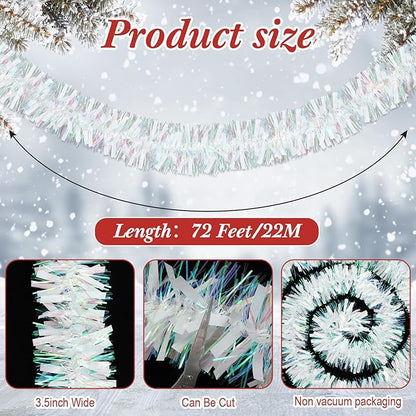 72 Feet Christmas Tinsel Garland Shiny Metallic Tinsel Twist Garland Streamers Ornaments Long Glitter Christmas Tree Hanging Decorations for Party Holiday Wedding Birthday Tree Wall Rail (White)