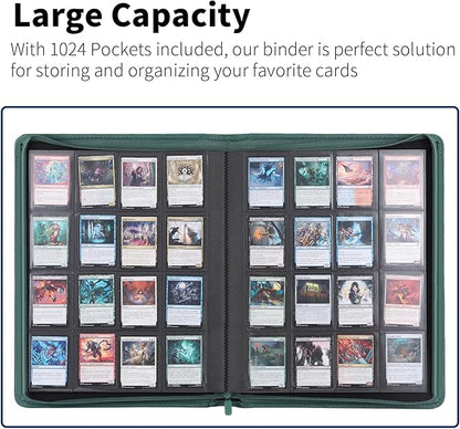 Snekdy premium 1024-pocket trading card binder, 16-pocket cards album, waterproof PU-leather Cover album with side loading, holds gaming, baseball, basketball & sports cards Green