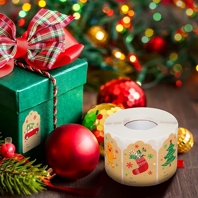 Zonon 720 Pieces Self Adhesive Christmas Gift Tag Xmas Kraft Name Tags Natural Kraft Xmas Stickers Paper Tags Labels for Christmas Decoration(Stylish Style)