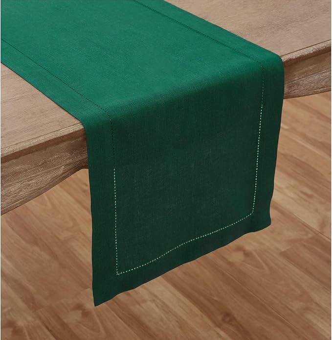 Solino Home Linen Rainforest Green Table Runner 132 Inches Long - 100% Pure Linen Extra Long Table Runner 14 x 132 Inch for Fall, Autumn, Thanksgiving - Classic Hemstitch